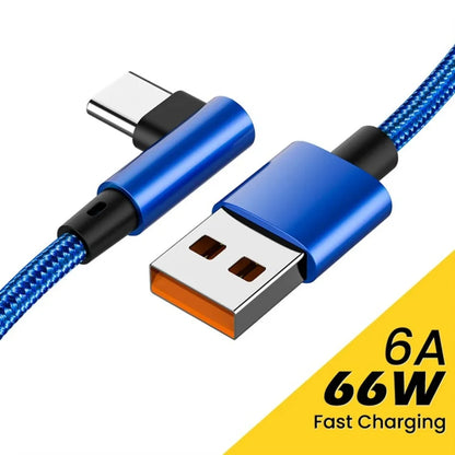 6A 66W USB C Fast Charging Cable 90° Right Angle for Iphone Xiaomi 14 Redmi Huawei OPPO Samsung Gaming Phones Nylon Braided Cord